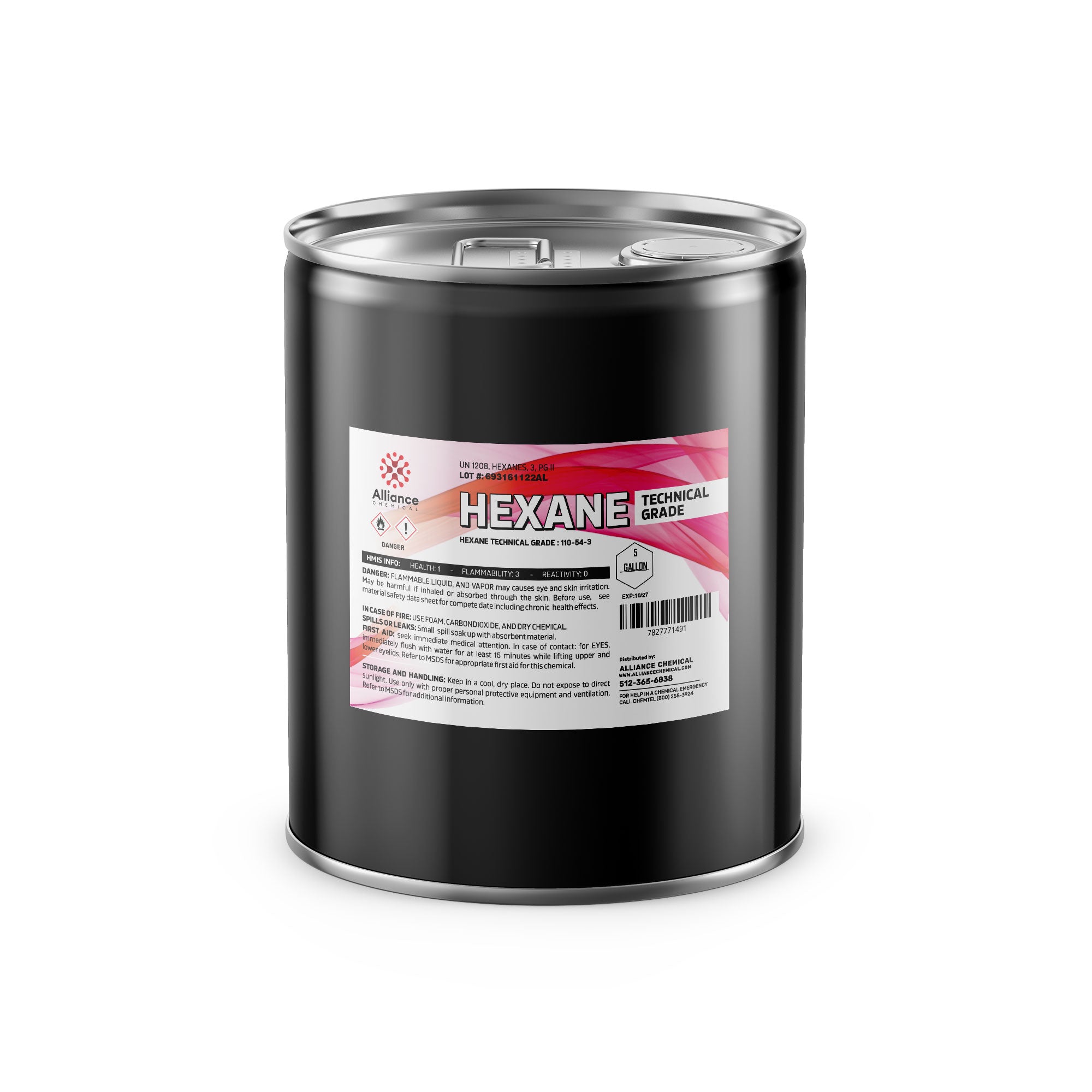 5-gallon black steel drum of technical-grade hexane solvent with flammability/reactivity warnings, Alliance Chemical brand, sealed industrial container.